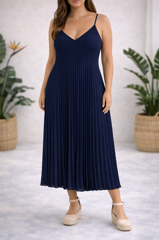 Vestido Plisado Rosana Azul Marino