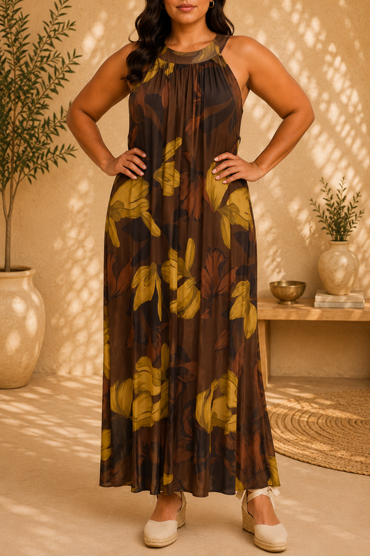 Vestido Chipiona Marrón Chocolate hojas